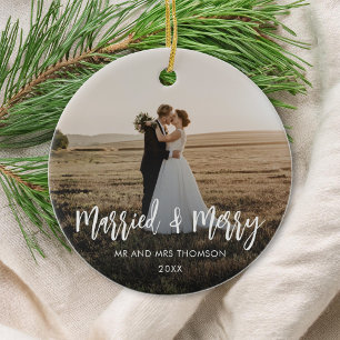 Married and Merry Newlywed Christmas Photo Ceramic Ornament