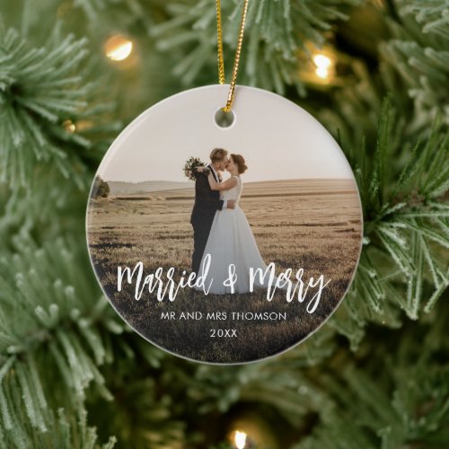 Married and Merry Newlywed Christmas Photo Ceramic Ornament