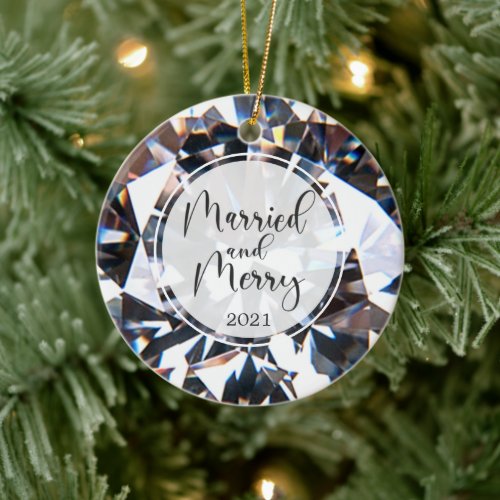 Married and Merry Newlywed Christmas Photo Diamond Ceramic Ornament