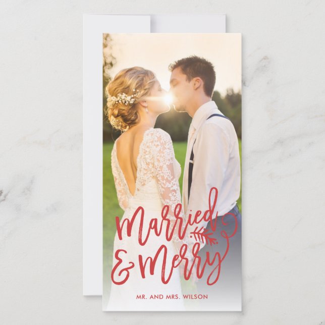 Married and Merry Newlywed Christmas Photo Red Holiday Card (Front)