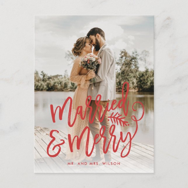 Married and Merry Newlywed Christmas Photo Red Holiday Postcard (Front)