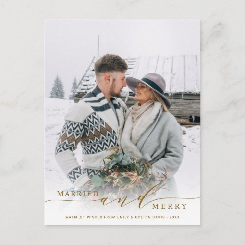 Married and Merry Newlywed Gold Holiday Photo Postcard