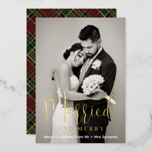 Married and Merry Newlywed Photo Gold  Foil Holiday Card