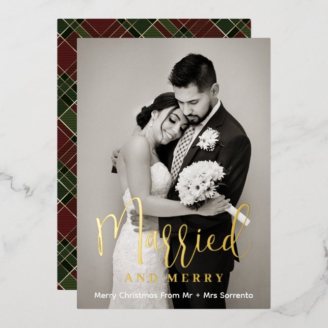 Married and Merry Newlywed Photo Gold  Foil Holiday Card (Front/Back)