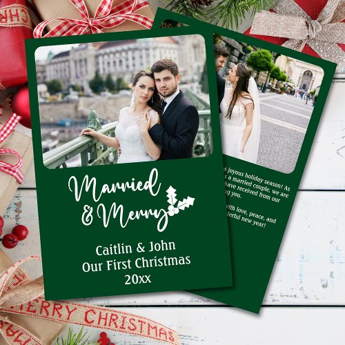Married and Merry Newlyweds 1st Christmas Green Holiday Card