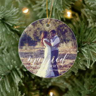 "Married and Merry" Newlyweds Christmas Photo Ceramic Ornament