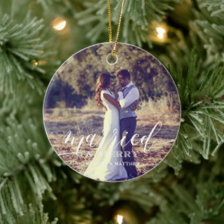 "Married and Merry" Newlyweds Christmas Photo Ceramic Ornament