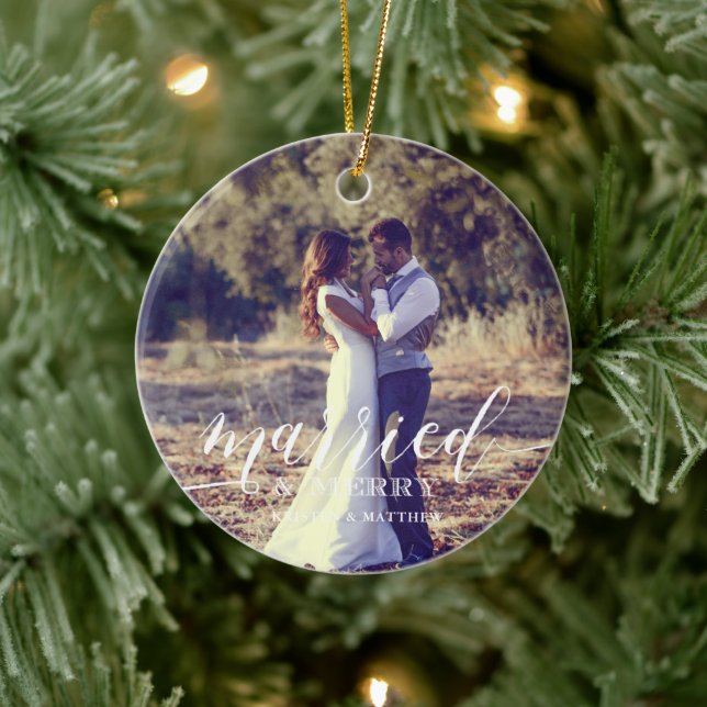 "Married and Merry" Newlyweds Christmas Photo Ceramic Ornament (Tree)