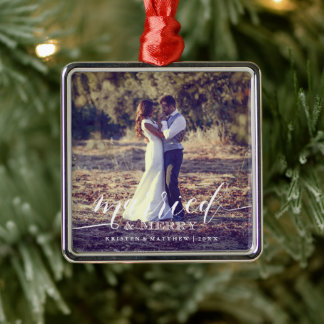 Married and Merry Newlyweds Christmas Photo Metal Ornament
