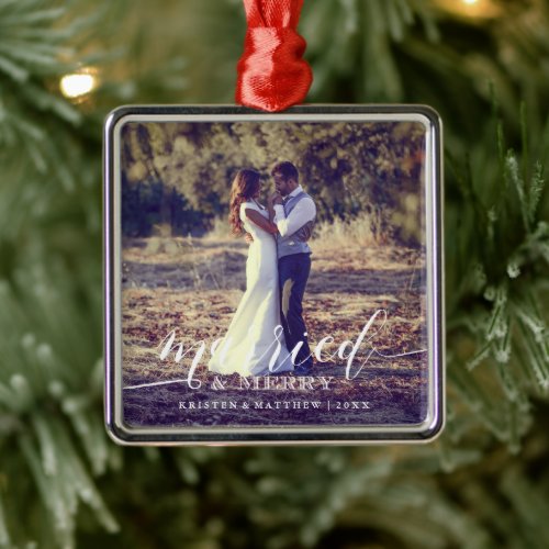 Married and Merry Newlyweds Christmas Photo Metal Ornament