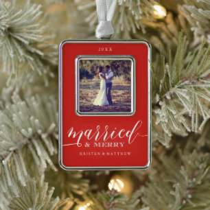 Married and Merry Newlyweds Christmas Photo Ornament