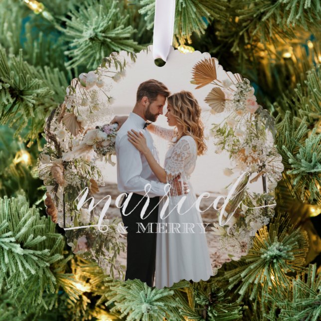 "Married and Merry" Newlyweds Christmas Photo Ornament Card (Insitu (Tree))