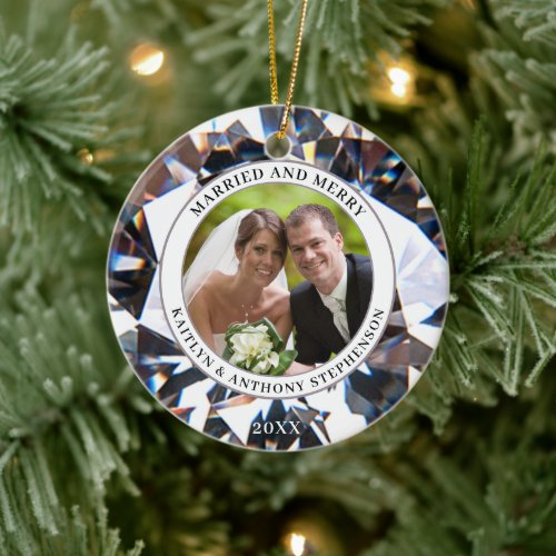 Married and Merry Newlyweds Diamond 2 Photo Ceramic Ornament