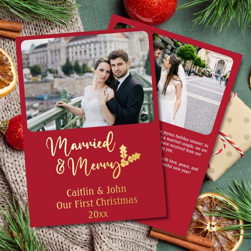 Married and Merry Newlyweds First Christmas Red Foil Holiday Card