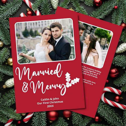 Married and Merry Newlyweds First Christmas Red Holiday Card