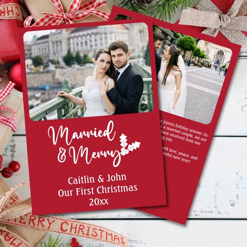 Married and Merry Newlyweds First Christmas Red Holiday Card