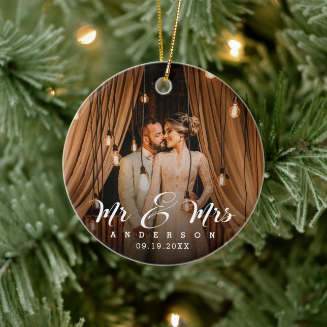 Married and Merry Newlyweds Photo Ceramic Ornament (Tree)