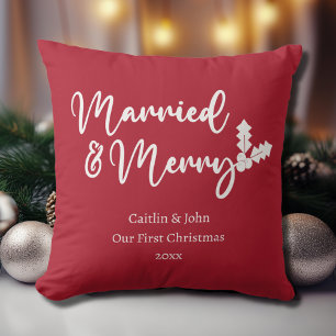 Married and Merry Our First Christmas Newlywed Red Throw Pillow