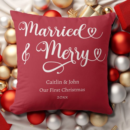 Married and Merry Our First Christmas Newlywed Red Throw Pillow