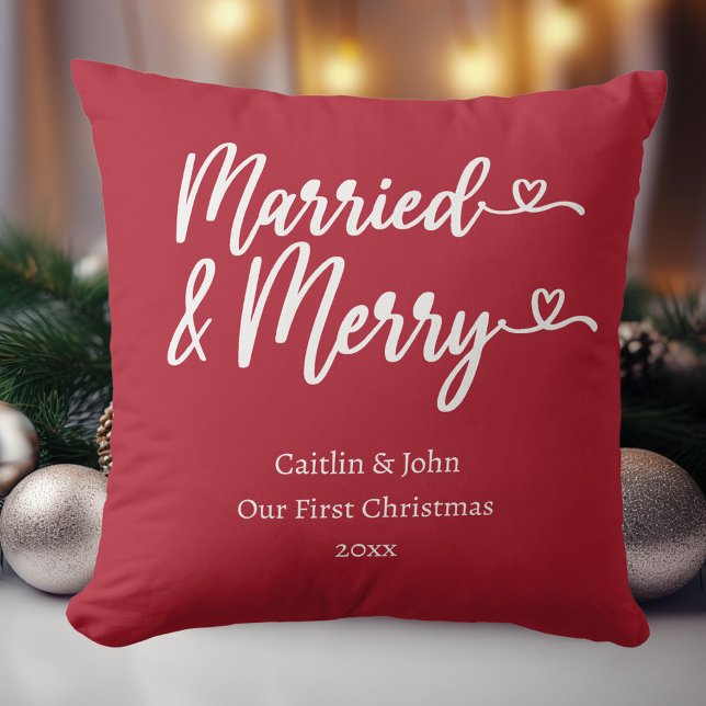 Married and Merry Our First Christmas Newlywed Red Throw Pillow (Married & Merry personalized Christmas red pillow to celebrate the newlywed's first Xmas together.)
