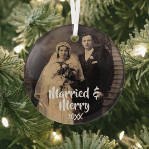 Married and Merry Photo Glass Ornament