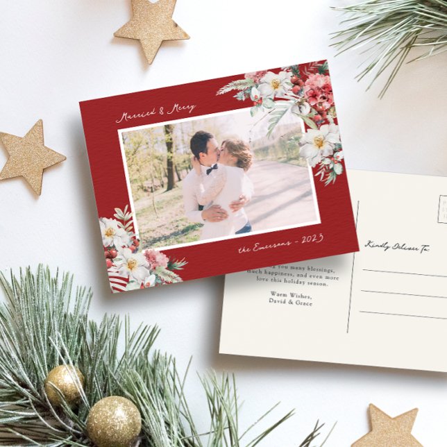 Married and Merry Photo Postcard (Red Holiday Photo Postcard with Watercolor Floral Botanical Berries Merry Christmas)