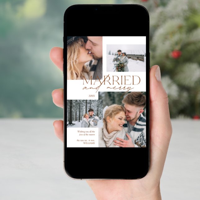 Married and Merry Plaid 4 Photo Newlywed Holiday Card (Front Digital)