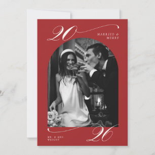 Married and Merry Red Arch Newlywed Photo Holiday Card