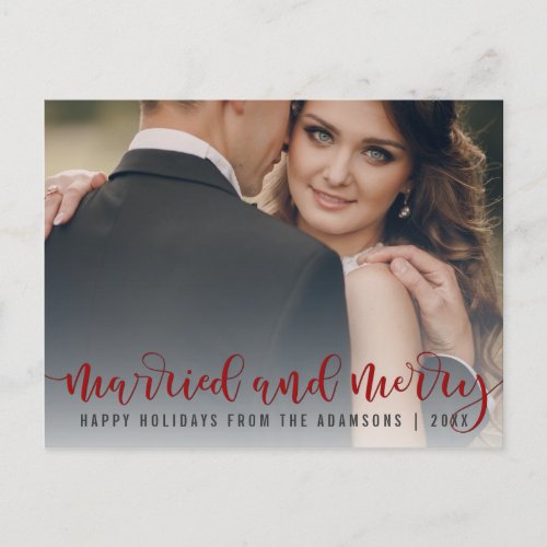 Married And Merry Red Calligraphy  Newlywed Photo Holiday Postcard