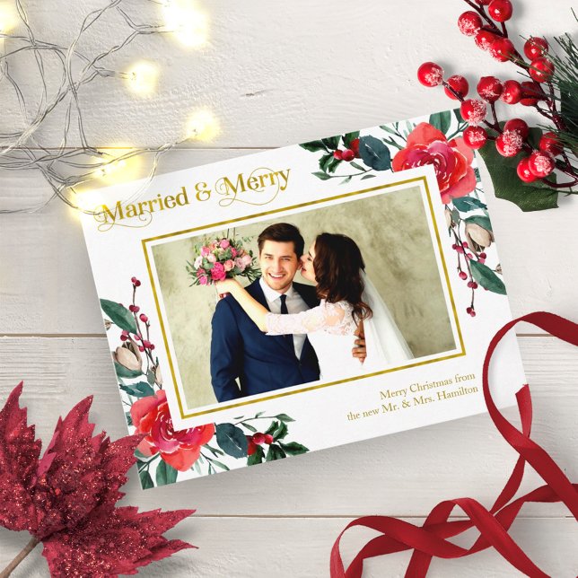 Married And Merry Red Floral Christmas Photo Postcard (Creator Uploaded)