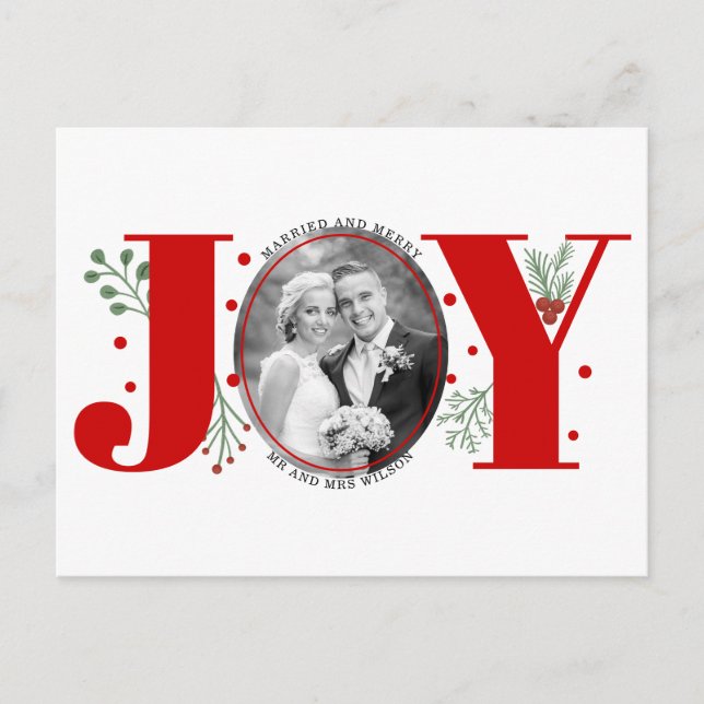Married and Merry red JOY Christmas holiday photo Postcard (Front)