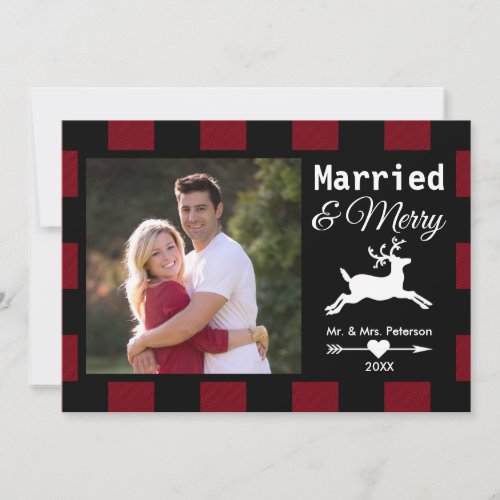 Married and Merry Reindeer Red Buffalo Plaid Photo Holiday Card