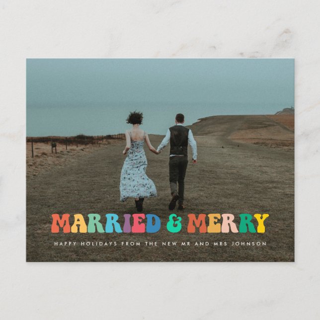 Married and Merry Retro 60s Hippie Fun Christmas Postcard (Front)