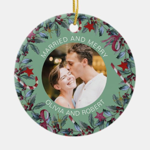 Married and Merry Sage Christmas Wreath Newlyweds Ceramic Ornament