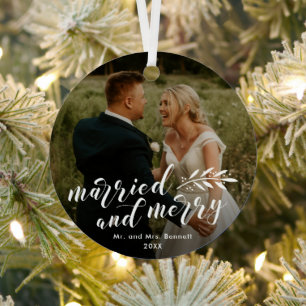 Married and Merry Script Wedding Photo Christmas Metal Ornament