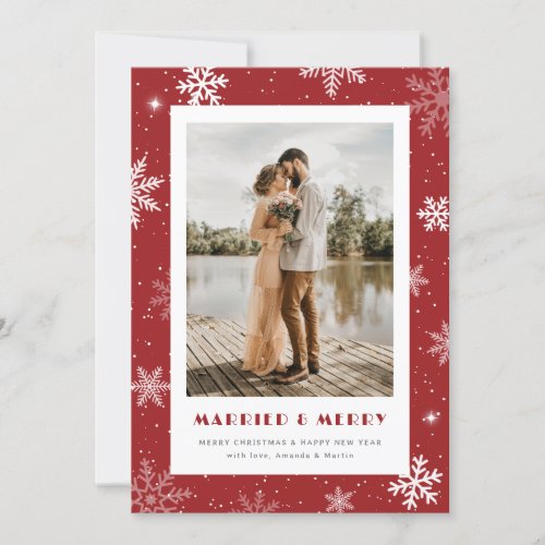 Married and Merry Snowflakes Red Photo Newlyweds Holiday Card