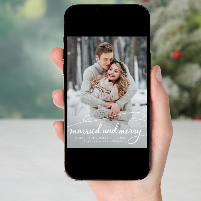 married and merry Stylish Swirl Wedding Photo Holiday Card (Front Digital)