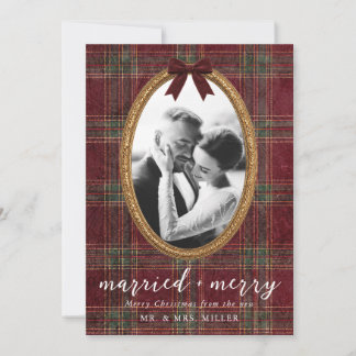 Married and Merry Tartan Gold Frame Christmas Holiday Card
