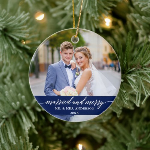 Married and Merry Wedding Calligraphy Blue Ceramic Ornament