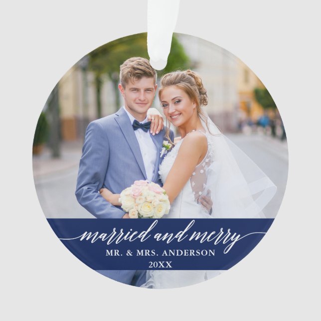 Married and Merry Wedding Calligraphy Blue Ornament (Front)
