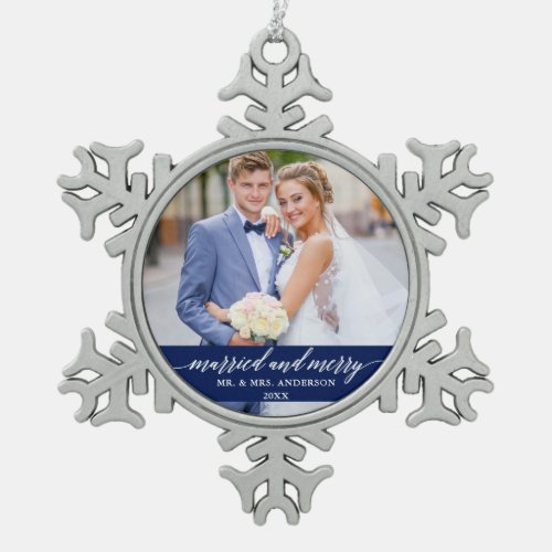 Married and Merry Wedding Calligraphy Blue Snowflake Pewter Christmas Ornament