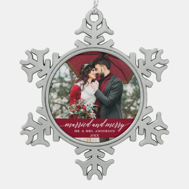Married and Merry Wedding Calligraphy Burgundy Snowflake Pewter Christmas Ornament (Front)