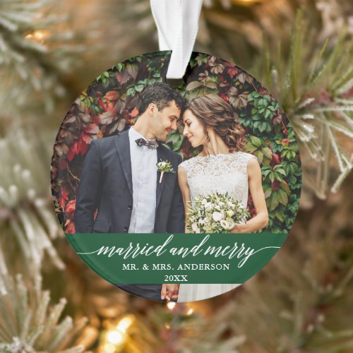 Married and Merry Wedding Calligraphy Green Ornament