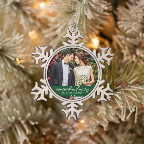 Married and Merry Wedding Calligraphy Green Snowflake Pewter Christmas Ornament