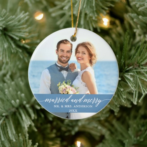 Married and Merry Wedding Calligraphy Light Blue Ceramic Ornament