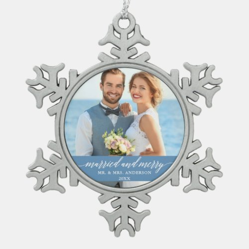 Married and Merry Wedding Calligraphy Light Blue Snowflake Pewter Christmas Ornament