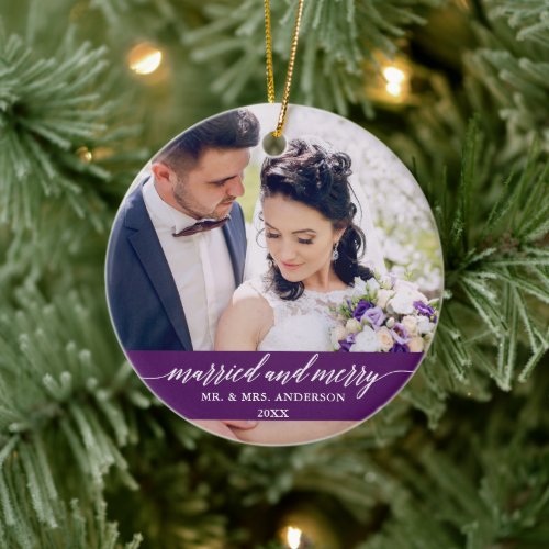 Married and Merry Wedding Calligraphy Purple Ceramic Ornament
