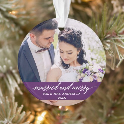 Married and Merry Wedding Calligraphy Purple Ornament