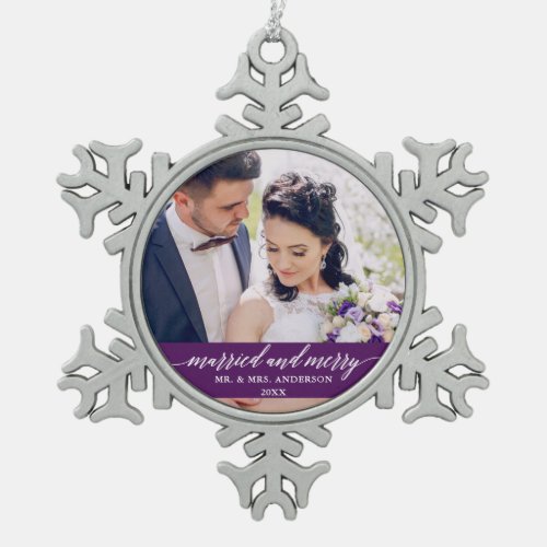 Married and Merry Wedding Calligraphy Purple Snowflake Pewter Christmas Ornament