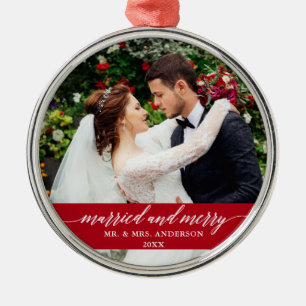 Married and Merry Wedding Calligraphy Red Metal Ornament